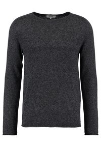 Dunkelgrauer gestrickter Pullover mit langen Ärmeln und Rundhalsausschnitt, der einen strukturierten Stoff und eine glatte Oberfläche aufweist.