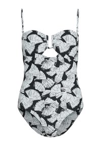 Sort badedragt med hvidt mønster af blafrende blade, struktureret overdel, udskæring ved taljen og justerbare skulderstropper.