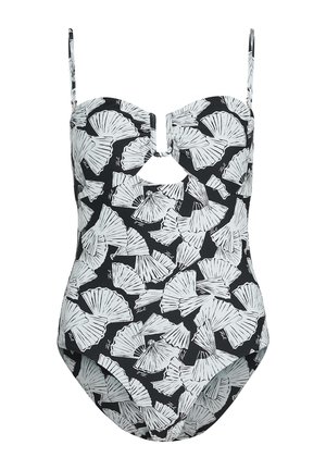 Zwarte eendelige badpak met patroon van witte waaierbladeren, gestructureerde lijfje, uitsparing aan de taille en verstelbare schouderbandjes.