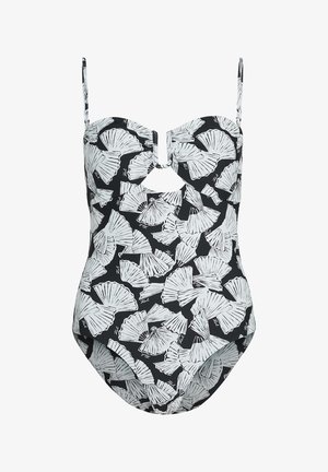 Zwarte eendelige badpak met patroon van witte waaierbladeren, gestructureerde lijfje, uitsparing aan de taille en verstelbare schouderbandjes.