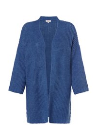 Blauwe, open voor cardigan gemaakt van textuur gebreid materiaal. Voorzien van brede mouwen en een relaxte pasvorm. Geen sluitingen of zichtbare patronen.