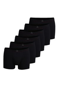 Zwarte katoenen boxershorts, zes-pack, met elastische taillebanden met rode stiksels, ontworpen voor comfort en pasvorm.