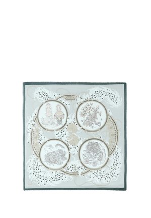 Foulard quadrato con illustrazioni botaniche in quattro pannelli circolari, circondato da intricati motivi floreali e vorticosi in tonalità smorzate.