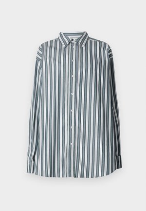 Koszula w paski w kolorze zielonym, białym i szarym. Posiada długie rękawy, klasyczny kołnierzyk i luźny krój. Wykonana z lekkiego materiału.