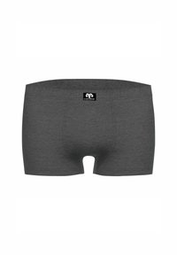 Boxer shorts grigi in morbido cotone. Presentano una cintura liscia con una piccola etichetta di marca centrata sul retro. Design semplice, senza motivi.