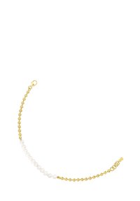 Pulsera de cadena dorada con perlas blancas alternadas y cuentas doradas, con cierre de langosta. Textura suave con acabado brillante.