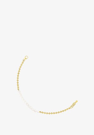 Złota bransoletka z łańcuszkiem, naprzemiennie z białymi perłami i złotymi koralikami, z zapięciem typu lobster. Gładka tekstura z błyszczącym wykończeniem.