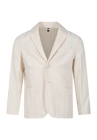 Blazer chiaro in crema con righe verticali blu navy, chiusura con un bottone, due tasche frontali, vestibilità sartoriale, tessuto misto cotone, revers a sciallato.