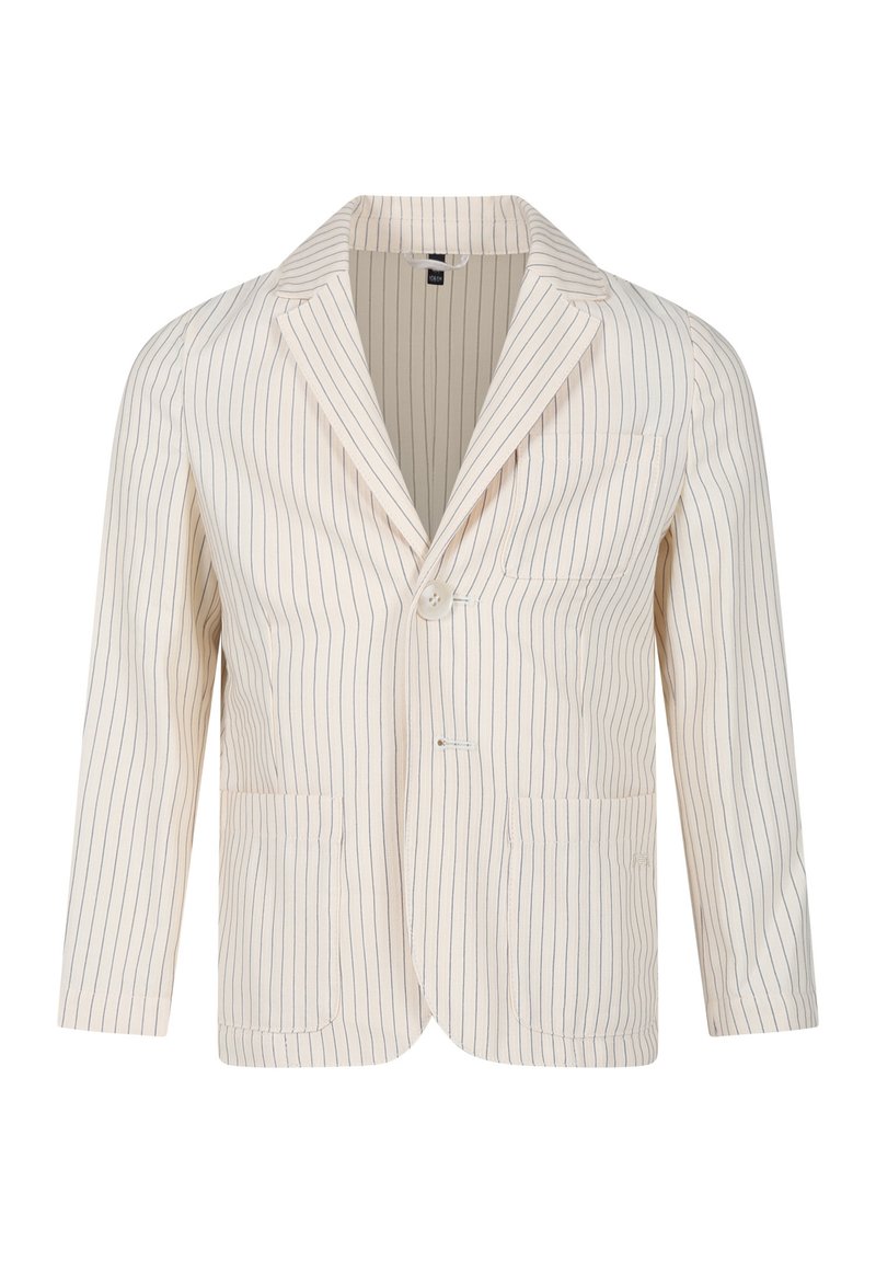 Blazer chiaro in crema con righe verticali blu navy, chiusura con un bottone, due tasche frontali, vestibilità sartoriale, tessuto misto cotone, revers a sciallato.