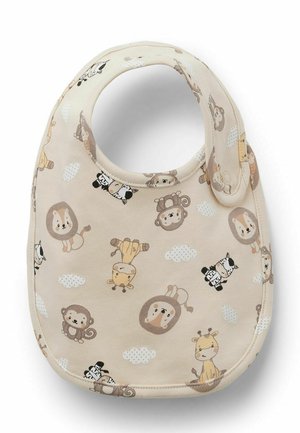 Bavaglino beige per bambino con animali dei cartoni animati tra cui leoni, scimmie, giraffe, zebre e nuvole bianche, con chiusura a scatto sul lato.