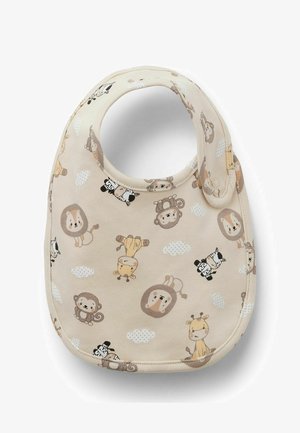Bavaglino beige per bambino con animali dei cartoni animati tra cui leoni, scimmie, giraffe, zebre e nuvole bianche, con chiusura a scatto sul lato.