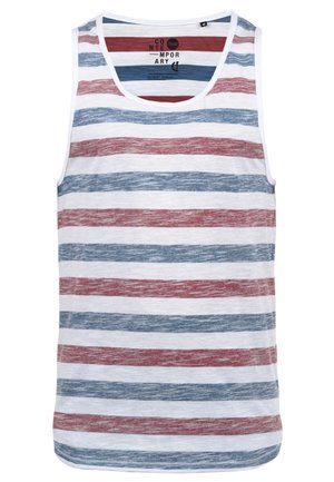 Stribet tanktop i hvid, med blå og røde vandrette striber. Lavet af blødt stof, har den en rund halsudskæring og ærmeløs design.