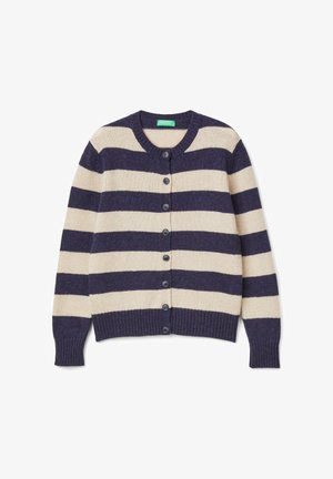 Sweter w paski w kolorze granatowym i beżowym, z okrągłym dekoltem, z przodu zapinany na guziki, z prążkowanymi mankietami i miękką, dzianinową fakturą.