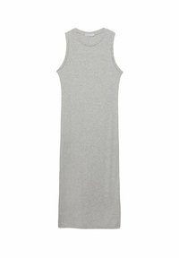 Robe maxi grise sans manches en tissu doux ; elle présente un col rond et une silhouette droite ; design simple sans motifs ni accents.