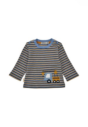 Gestreiftes Langarmshirt in Blau, Gelb und Schwarz mit einem Truck-Graphic. Verfügt über eine gerippte Textur und Druckknöpfe an der Schulter.