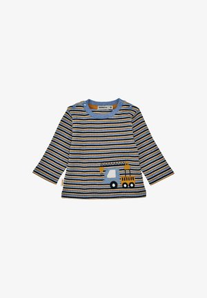 Gestreiftes Langarmshirt in Blau, Gelb und Schwarz mit einem Truck-Graphic. Verfügt über eine gerippte Textur und Druckknöpfe an der Schulter.