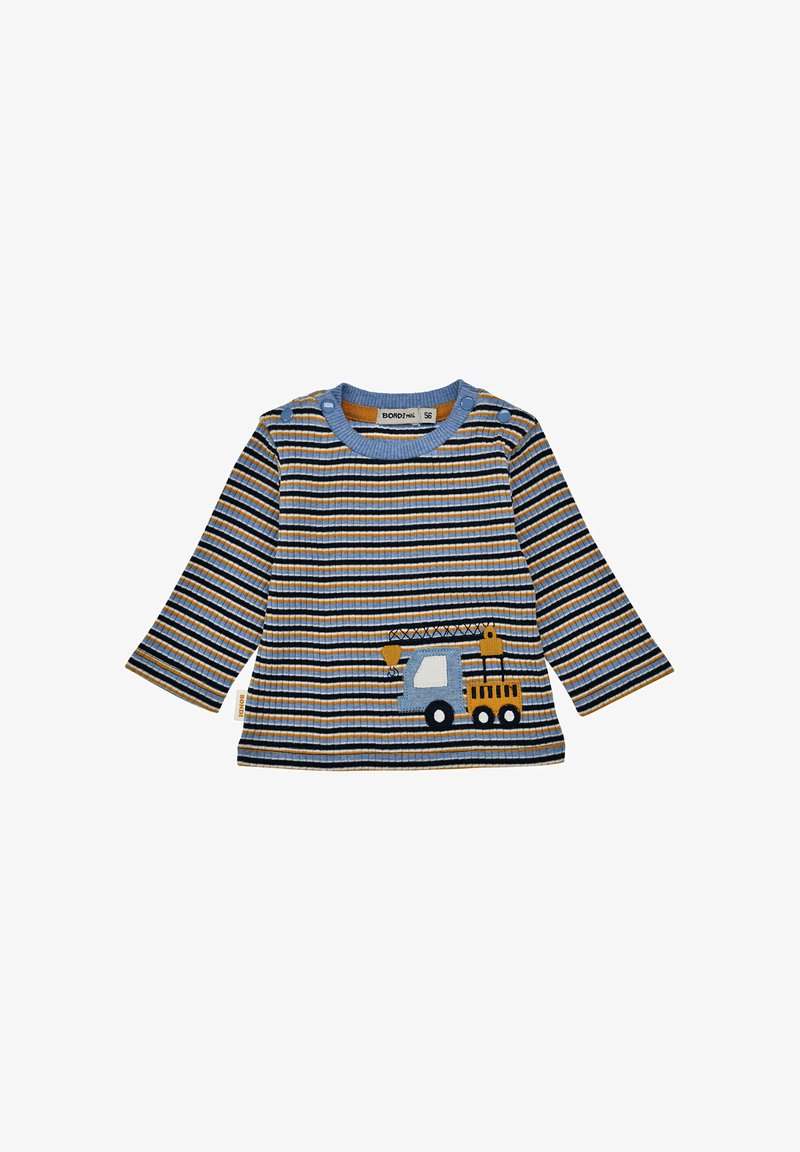 Gestreiftes Langarmshirt in Blau, Gelb und Schwarz mit einem Truck-Graphic. Verfügt über eine gerippte Textur und Druckknöpfe an der Schulter.