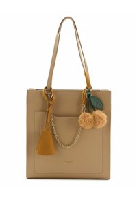Beige leren schoudertas met dubbele handvatten, zijvak en decoratieve ketting. Beschikt over twee pluizige pompoenen en een klein bladaccent.