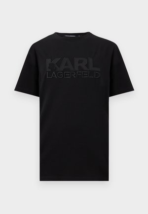 Black short-sleeve crewneck t-shirt with raised embossed "KARL LAGERFELD" logo across the chest.