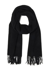 Bufanda negra hecha de tela suave, con una textura lisa y extremos con flecos. Es larga y ancha, adecuada para brindar calidez y comodidad.