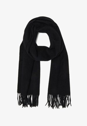 Zwarte sjaal gemaakt van zachte stof, met een gladde textuur en franjes aan de uiteinden. Het is lang en breed, geschikt voor warmte en comfort.