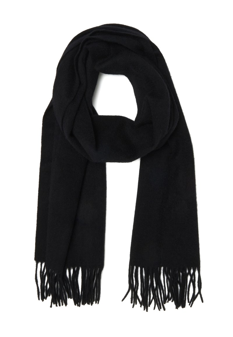 Bufanda negra hecha de tela suave, con una textura lisa y extremos con flecos. Es larga y ancha, adecuada para brindar calidez y comodidad.