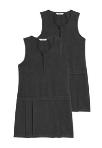 Dos vestidos de tirantes sin mangas en un gris oscuro, con cremalleras frontales y faldas plisadas, mostrados desde el frente y la parte trasera.