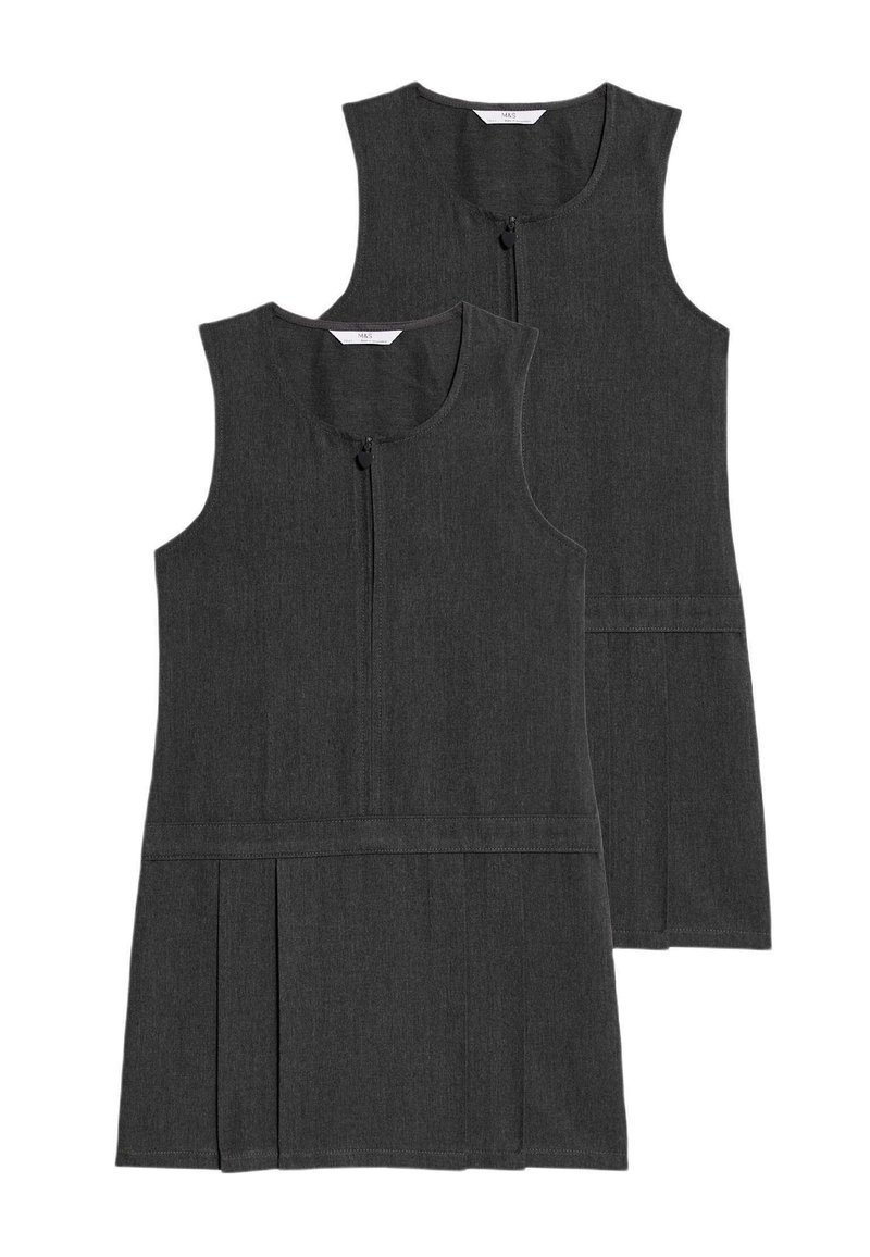 Dos vestidos de tirantes sin mangas en un gris oscuro, con cremalleras frontales y faldas plisadas, mostrados desde el frente y la parte trasera.
