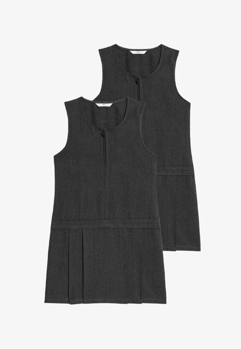 Dos vestidos de tirantes sin mangas en un gris oscuro, con cremalleras frontales y faldas plisadas, mostrados desde el frente y la parte trasera.