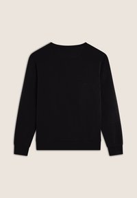 Sudadera negra de cuello redondo, de manga larga, textura suave, puños y dobladillo acanalados, diseño minimalista, vista trasera lisa.