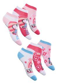 Tre paia di calzini alla caviglia in misto cotone, nei colori rosa e blu, con vivaci design di cartoni animati, righe e fantasie di testo giocose.