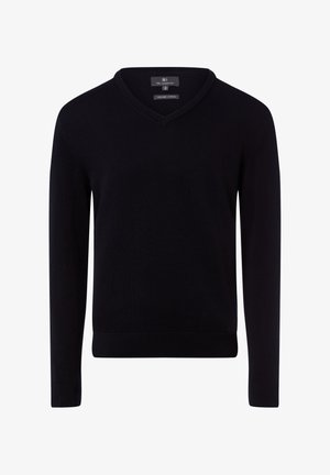 Schwarzer V-Ausschnitt-Pullover aus Bio-Baumwolle mit langen Ärmeln, gerippten Bündchen und Bund. Glatte Textur ohne sichtbare Muster.