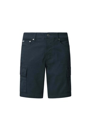 Tumed sinine taskupüks, mis on valmistatud vastupidavast puuvillaste materjalidest, mitmete taskutega, nööpidega kinni keeratav ja tugevdatud õmblustega detailidega.