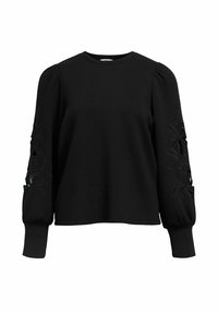 Svart langermet genser med rund hals, med blomsterutskårne detaljer på ermene og strukturert stoff. Avslappet passform.