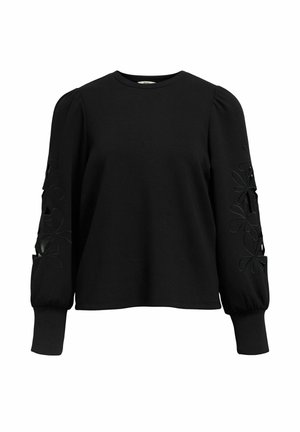 Schwarzes Sweatshirt mit langen Ärmeln und rundem Ausschnitt, mit floralen Ausschnitt-Details an den Ärmeln und strukturiertem Stoff. Lockerer Schnitt.