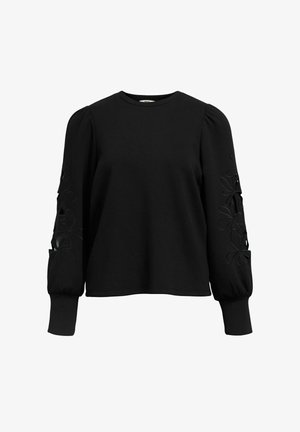 Schwarzes Sweatshirt mit langen Ärmeln und rundem Ausschnitt, mit floralen Ausschnitt-Details an den Ärmeln und strukturiertem Stoff. Lockerer Schnitt.