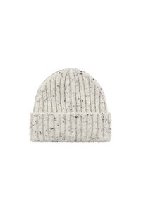 Strikket beanie i lysegrå med en struktureret, ribbet design og sorte stænk. Har en foldet kant for justerbar pasform.