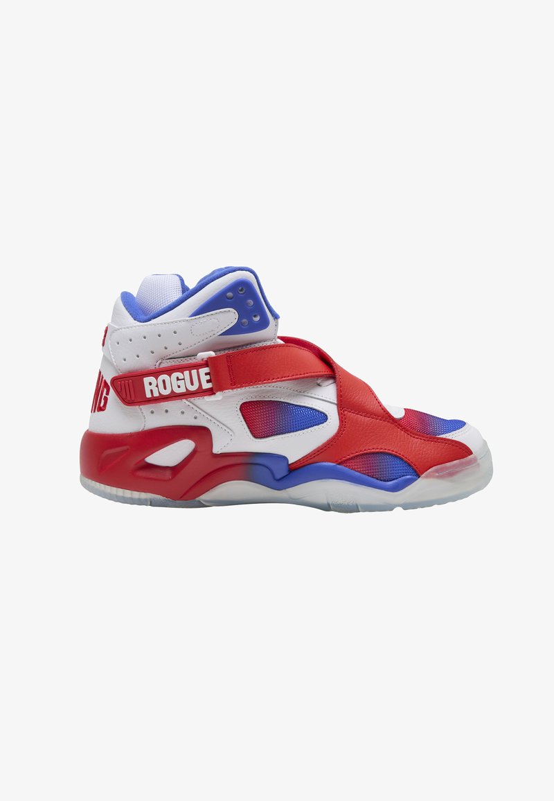 High-top sneaker in white, red, and blue with mesh panels, velcro strap labeled "ROGUE," and perforated ankle support.