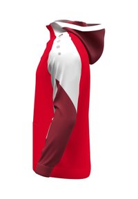 Felpa rossa e bianca con collo zip, design curvato a colori a contrasto, bottoni grigi sulla spalla e tasca frontale. Tessuto dalla superficie liscia.