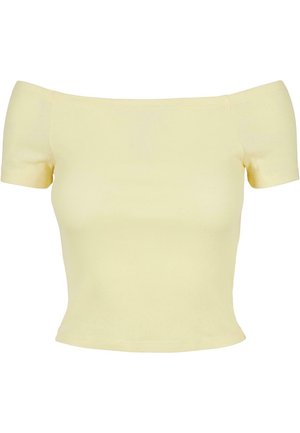 Haut court à épaules découvertes et manches courtes en tissu jaune doux et côtelé ; design ajusté avec un ourlet droit et des détails de couture minimaux.