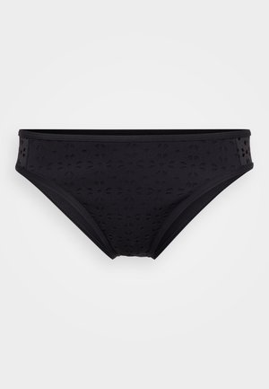Parte inferiore di bikini nera in materiale elasticizzato, caratterizzata da motivi floreali tagliati al laser lungo i lati, vita media con coulisse elastica.