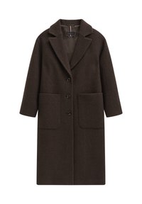 Brauner Wollmischungs-Mantel mit tailliertem Design, Reverskragen, drei Knöpfen und zwei vorderen Taschen. Glatte Textur, knielang.