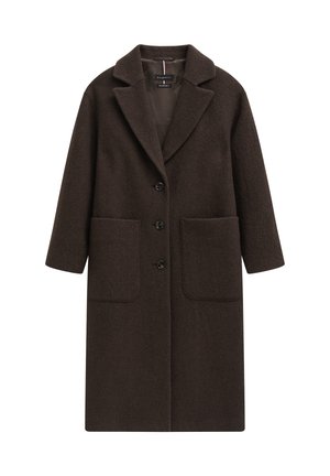 Brown wool blend coat with a tailored design, notch collar, three buttons, and two front pockets. Smooth texture, knee-length.