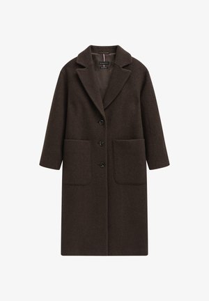 Brauner Wollmischungs-Mantel mit tailliertem Design, Reverskragen, drei Knöpfen und zwei vorderen Taschen. Glatte Textur, knielang.