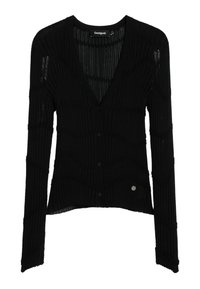 Zwarte cardigan met een gestructureerd ribbelontwerp, V-hals en lange mouwen. Beschikt over knopen aan de voorkant en een logo-accent aan de onderzijde.