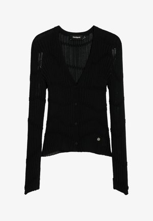 Schwarze Strickjacke mit strukturiertem Rippdesign, V-Ausschnitt und langen Ärmeln. Mit Knöpfen an der Vorderseite und einem Logo-Akzent an der unteren Seite.