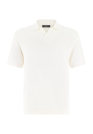 Polo bianca a maniche corte con collo aperto e bordatura a costine, fronte semplice, realizzata in tessuto leggero a maglia.