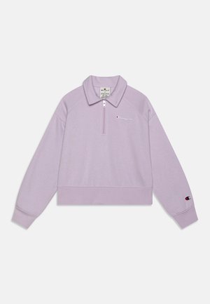 Lavendel cropped sweatshirt met een kwart ritssluiting, kraag, geribde manchetten en een klein logo op de borst en mouw. Zachte stoftextuur.