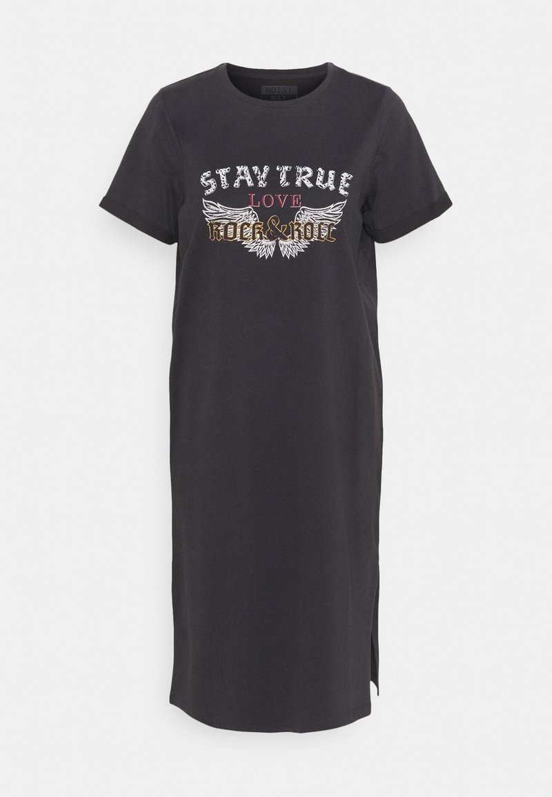 Must äraš käsi T-särk, millel on lühikesed varrukad, ja millel on valges ja kuldsetes tähtedes "STAY TRUE LOVE ROCK & ROLL" ning külgslõige.