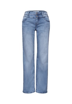 Jean en denim bleu clair avec jambes droites, poches avant, passants pour ceinture et fermeture à double bouton à la taille.